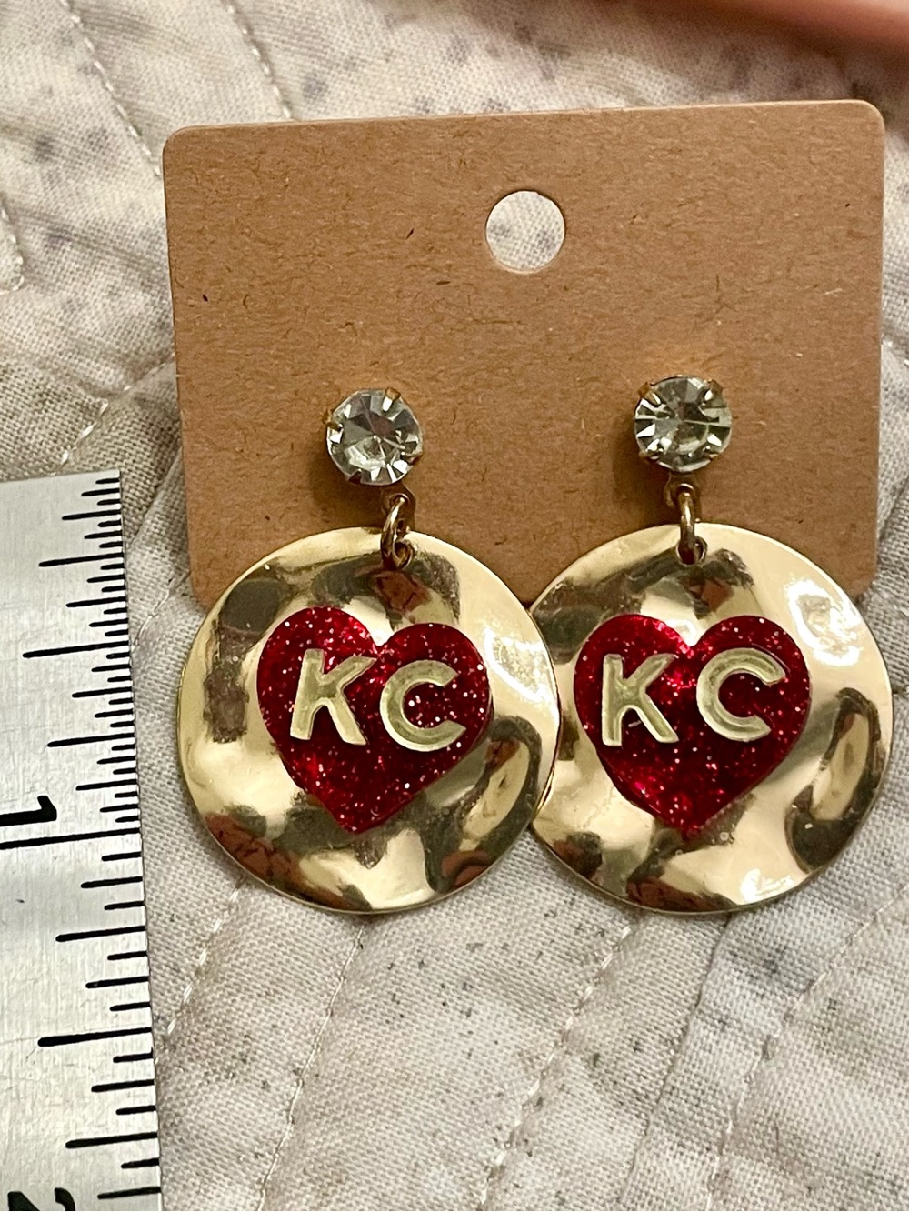 Gold Drop Earrings with Red Heart KC Accent - Picture 12 of 13